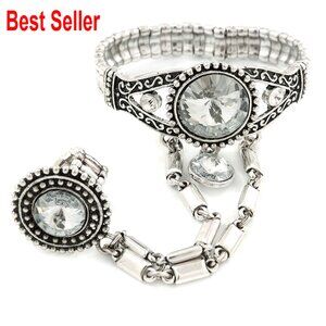 Vintage Inspired Clear Glass Stone Flex Bracelet with Crystal Ring